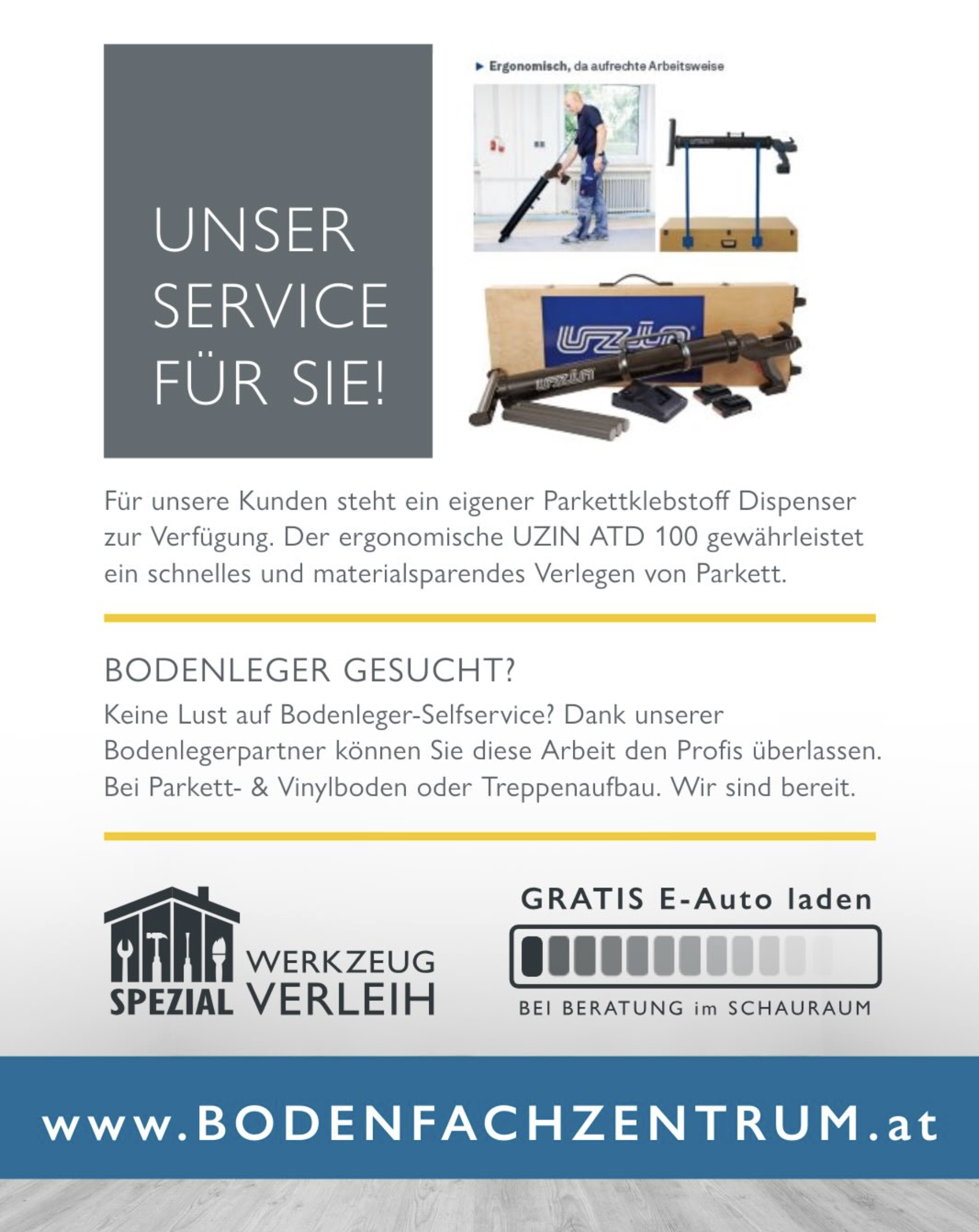 Service im Bodenfachzentrum – Werkzeugverleih, Bodenleger-Vermittlung und gratis E-Auto laden